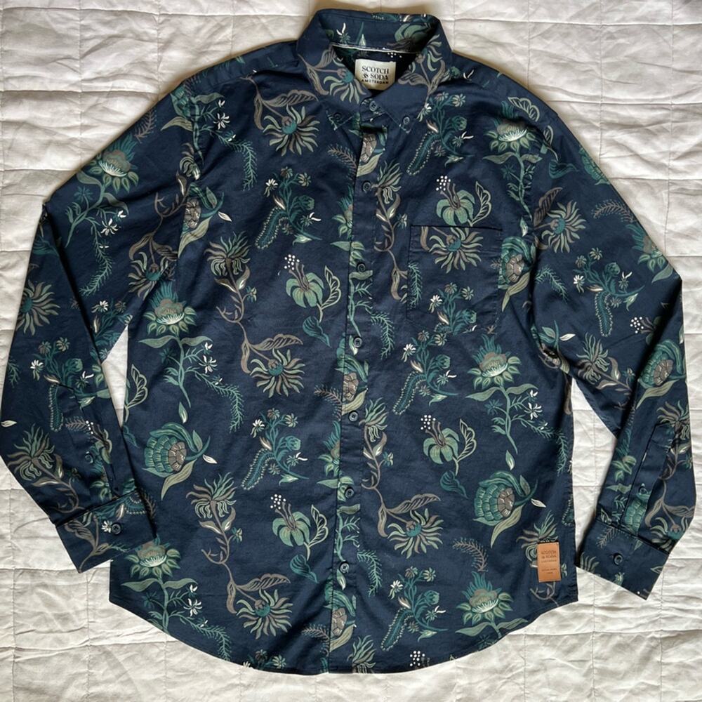Scotch & Soda Navy w/ Green Botanical Florals Button Down Shirt - Medium